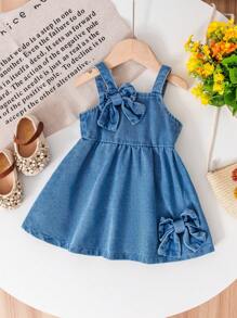 Souflis Souflis Baby Girls Casual Fashion Denim Bow Decor Sweet Strap Dress, Suitable For Summer Outdoor Party