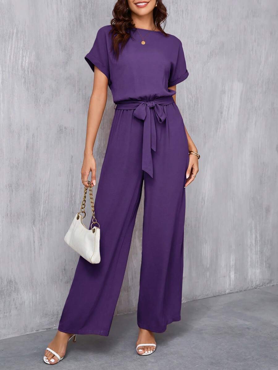 SHEIN Clasi Women's Elegant Round Neck Jumpsuit With Waist Belt And Wide Leg Purple - Purple - View 1