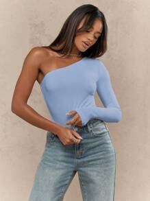 MISSGUIDED 不对称单肩短款上衣长袖修身基本款俱乐部装派对个性上衣春夏时尚 - 藍色 - 查看 5