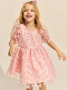 SHEIN Young Girls' Elegant Pink 3D Butterfly Net Mesh Round Neck Dress, Spring/Summer - Pink - View 7