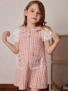 PrepCrw Young Girls' Tweed Puff Sleeve A-Line Dress With Lapel, Pink, Spring/Summer - Pink - View 1