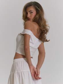 MUSERA 露肩棉质褶皱钩扣修身短款上衣，适合田园风情、节日、假日、西部风情、外出、夜店等场合，优雅春夏风格 - 白色 - 查看 4