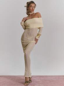 MUSERA 露肩翻领纹理雪纺修身长袖连衣裙，适合春夏新年穿着。 - 杏色 - 查看 3