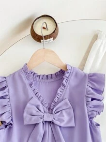 SHEIN Leap Crew 女童编织可爱不对称荷叶边刺绣蝴蝶结装饰衬衫和休闲优雅喇叭裤两件套，薰衣草色，适合春季外出、度假、花园茶会、休闲外出