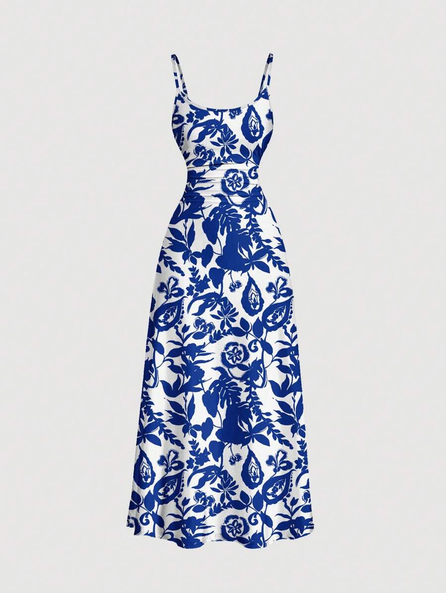 SHEIN MOD Casual Vintage Blue Ceramic Printed All-Over Pattern Elastic Waist Flowy Maxi Slip Dress Summer Dresses For Women Easter Dress Women Boho Suitable For Going Out Chic Dress - Multicolor - View 1