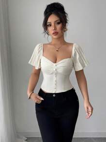 Elenzga 女士褶皱短袖紧身腰优雅衬衫 - 杏色 - 查看 3