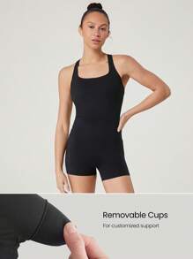 GLOWMODE 4.3" FeatherFit™-Air Sweat-Wicking Quick-Dry Tummy Control Corset Round-Neck Crossover Back Bodysuit Jumpsuit Romper With Side Pockets Low Impact Yoga Pilates Studio Daily Casual Wear Removable Cups