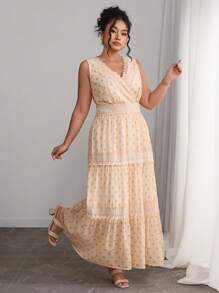 SHEIN Clasi Plus Size Women Foil Polka Dot Contrast Lace V Neck Sleeveless Dress - Apricot - View 3