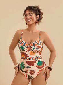 Travachic Plus Size Floral Print Spaghetti Strap One Piece Swimwear Set With Tied Bow Long Swimwear Cover Up For Women, Vacation Casual Beach Style Country Concert Outfit