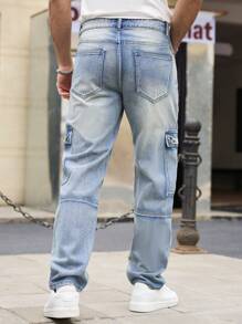 Manfinity Homme Men's Casual Washed Blue Slim Fit Cargo Jeans - Light Wash - View 2