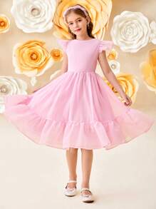 SHEIN Tween Girls 甜美欧根纱褶皱荷叶边 V 形后背蝴蝶结装饰优雅粉色连衣裙，公主裙适合毕业舞会、生日派对、春季旅行、花园茶、情人节、花童 - 粉色 - 查看 2