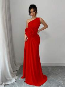 Rafferiza Women's Asymmetrical Neckline 3D Floral Dress - Red - View 3