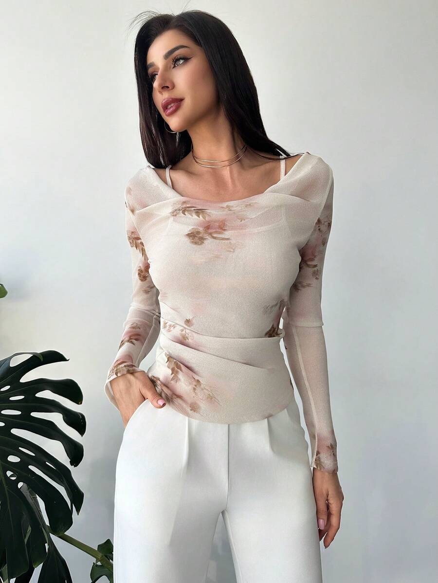 Firerie Elegant förenklat mode för kvinnor Charmigt romantiskt blommönster Sned axel volanger Tight långärmad skjorta, lämplig för datum, daglig pendling, höst/vinter/vår - Multifärgad - Visa 1