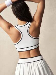 VARSITIE Monochrome Striped Cropped Tight-Fitting Sports Tank Top - White - View 2