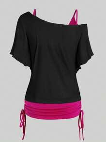 SHEIN LUNE 女式夏季不对称领口蝴蝶印花短袖休闲 T 恤配侧系带图案 T 恤女式上衣