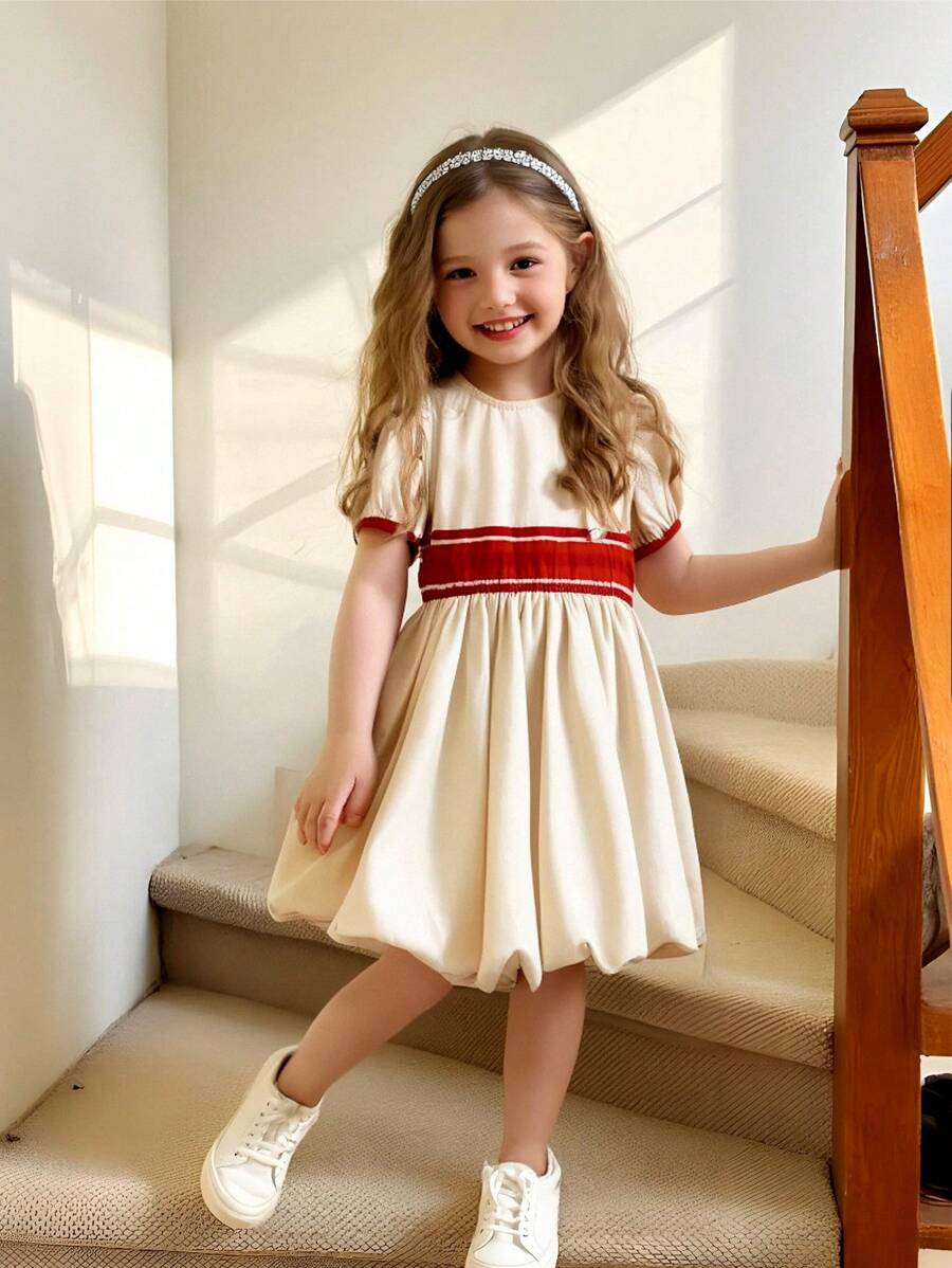 SHEIN Young Girl Color Block Stripe Puff Sleeve Summer Casual Dress - Apricot - View 1