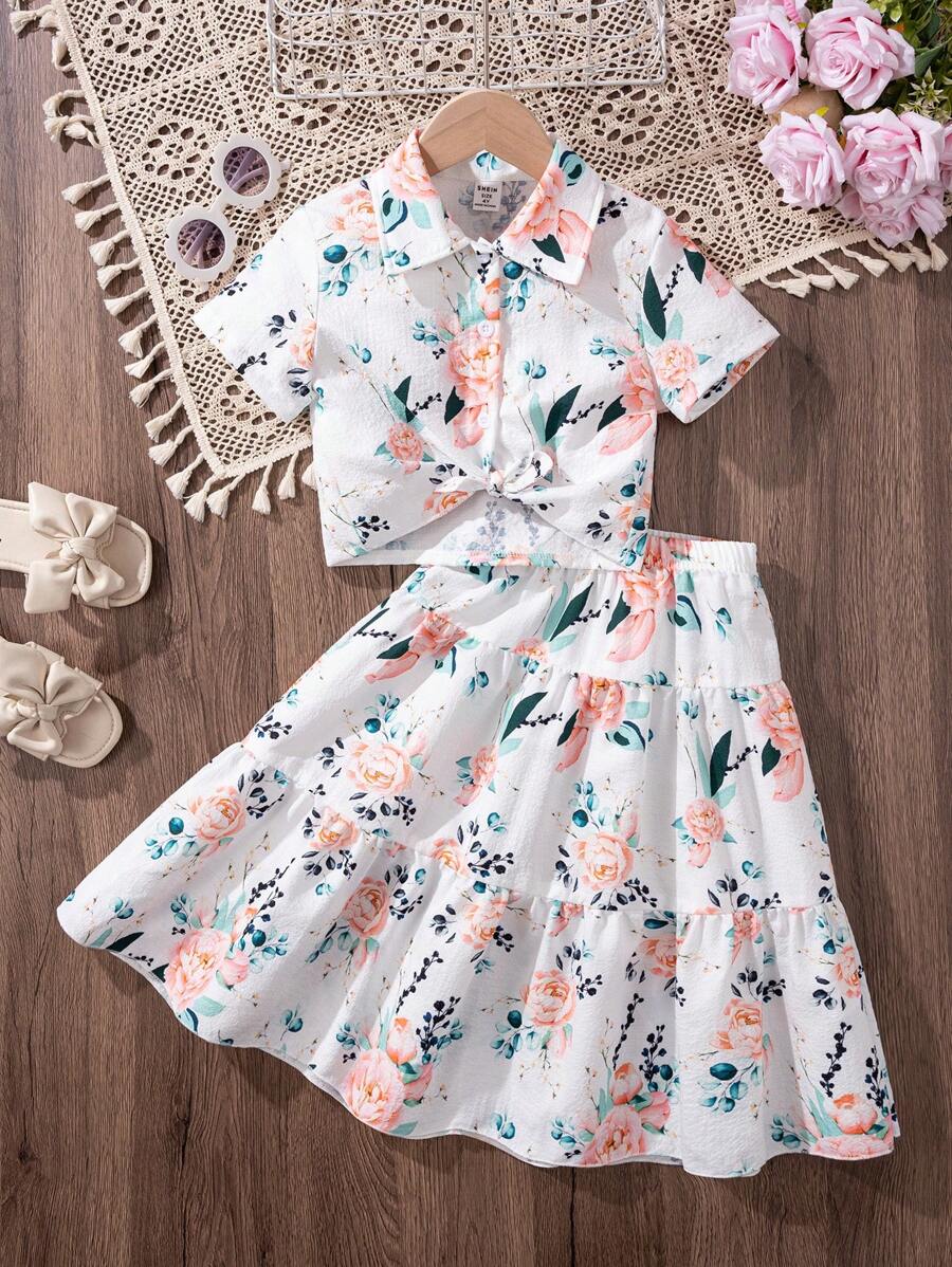 SHEIN 2pcs/Set Young Girl Floral Print Hem Twist Collar Blouse And Floral Print Maxi Skirt, Suitable For Vacation, Summer