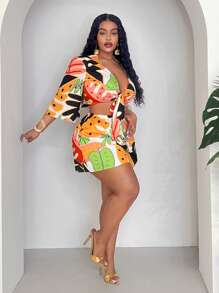 Slaydiva Plus Size Fitted Floral Print Cropped Top And Shorts 2 Pieces Set, Suitable For Spring/Summer Vacation - Multicolor - View 5
