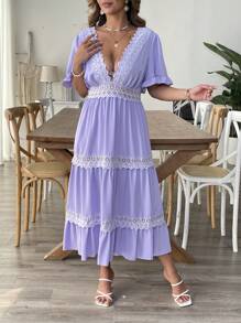 SHEIN Clasi Plus Size Solid Color Deep V-Neck Lace Patchwork Hollow Out Dress For Women, Elegant Women Dress - Mauve Purple - View 4