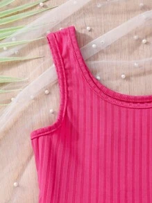 Tween Girl 纯色罗纹侧系带前无袖休闲连体衣 - 玫紅色 - 查看 3