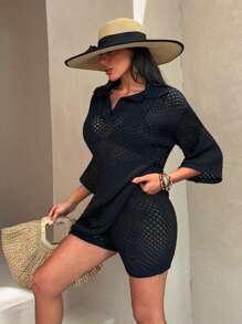 RueChic Conjunto informal de top de punto de malla sobredimensionado con cuello polo - perfecto para usar en capas, en color negro, con pantalones cortos