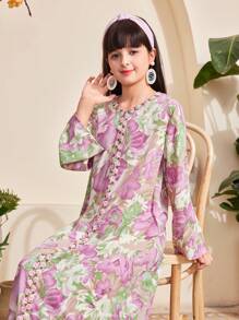 SHEIN Tween Girls' Vacation Casual Floral All Over Print Dress - Purple - View 3