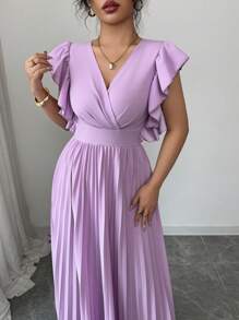 Elenzga 女士优雅浪漫荷叶边修腰泡泡袖 A 字裙 - 淡紫色 - 查看 3