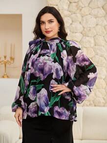 Modelyn Plus Size Elegant Floral Print Lantern Sleeve Shirt - Multicolor - View 3