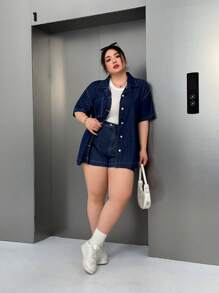SHEIN ICON Plus Size Casual Loose Short Sleeve Denim Jacket - Blue - View 5