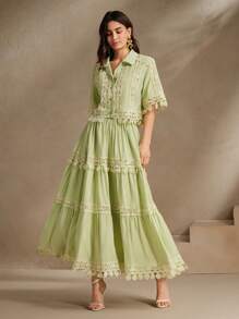 Anewsta Conjunto elegante y romántico de 2 piezas para mujer - Blusa con flecos y aplicación floral verde y falda larga, para primavera/verano