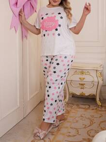 SweetSlumber 大码女式星星和云朵印花短袖上衣和裤子睡衣套装
