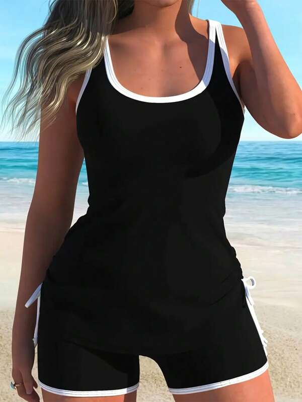 Swim Lushoire New Summer Women Beach Outfit Sleeveless Round Neck Contrast Color Drawstring Waist Shorts Black Casual Vacation Bikini Set