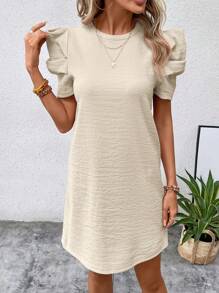 SHEIN Clasi Solid Puff Sleeve Keyhole Back Dress Texture Fabric - Apricot - View 4