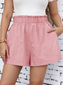 SHEIN Clasi 2pcs Plus Size Summer Shorts, Breathable & Comfortable With Large Pockets, Black & Army Green - Pink - View 6