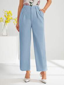 SHEIN Clasi Quần âu nữ cạp cao màu trơn thời trang thường ngày/công sở mùa thu/đông - Màu xanh nhạt - Xem 4