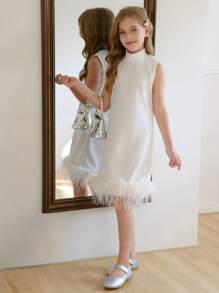 White Elegant Sweet High Neck Dress For Girls, Patchwork Fluffy Hem, Solid Color Simple Fitted Style - White - View 5