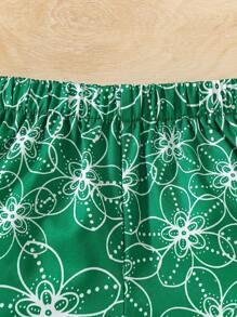 SHEIN Set 2 bucăți pentru fete tinere: top cu mâneci tip șapcă cu imprimeu floral și pantaloni scurți, casual