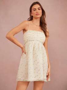WESTFADE Spring Ditsy Floral Printed Textured Woven Cute Pleated Spaghetti Strap Fit & Flare Mini Cowgirl Sleeveless Dress Summer Beach Vacation - Blue - View 4