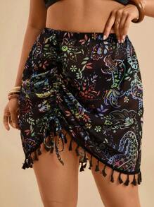 Travachic Plus Size Vacation Casual Tropical Beach Pleated Fringe Paisley Print Elastic Knit Mesh Cover Up Skirt, Summer Country Concert, Sarong
