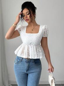 Chiquease Blusa de mujer de manga abullonada con cuello cuadrado, volantes y bordados, ideal para el verano y vacaciones - Blanco - Ver 5
