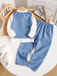 SHEIN 3 件套年轻男孩绅士精致优雅都市白色长袖衬衫、T 恤、背心和裤子套装，适合婚礼、派对、旅行、日常聚会、秋冬 - 藍色 - 查看 2