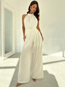 Firerie Women's Elegant Simple Precise Romantic Sweet Sexy Commute Office Wedding Guest Vacation Party Music Festival Halter Backless Sleeveless Blouse And High Waist Bow Wide Leg Straight Pants White Suit, Spring/Summer - White - View 3