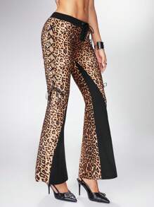 ROMWE Grunge Punk 低腰 Y2K 闪亮音乐节豹纹拼布喇叭裤 - 彩色 - 查看 5