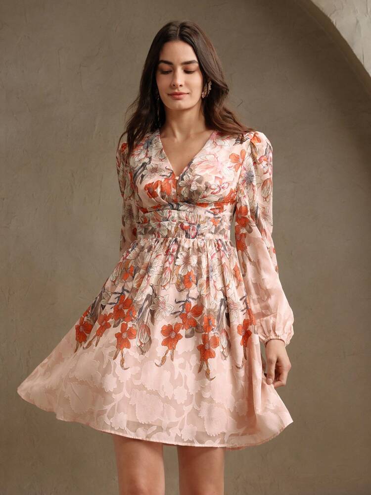 Spring, Elegant, Holiday, Festival Ladies' Woven Texture Jacquard Fabric Digital Elegant Positioning Printed Waist Pleat Long Sleeved C-Neck Mini Dress