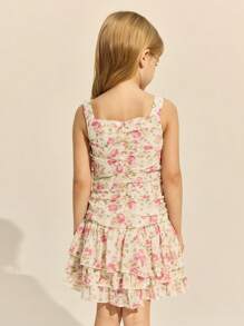 SHEIN Elegantes rosa Blumenkleid mit Rüschenkragen und ärmelloser A-Linie für Kleine Mädchen im Frühling und Sommer