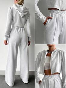 EURMUSE Cotton Solid Color Crop Hooded Top & Long Pants Two Pieces Set - Grey - View 7