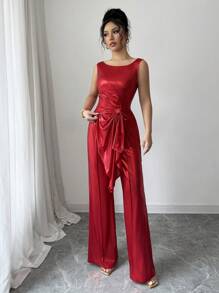 Elenzga High-End Design Sleeveless Top And Wide Leg Glossy Red Pants Elegant Slim-Fit Fashion Set - Red - View 3