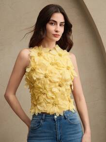Anewsta 女士优雅浪漫网眼刺绣 3D 花卉背心 T 恤衬衫，春季女装夏装 - 黃色 - 查看 4