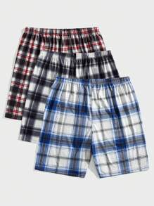 3-Piece Men's Plaid Elastic Waist Lounge Bottom Sleep Shorts Set - Multicolor - View 2