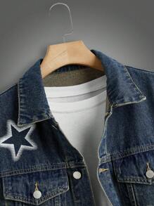 Manfinity Homme Men's Relaxed Fit Distressed Denim Jacket With Star Graffiti Print - Dark Wash - View 3